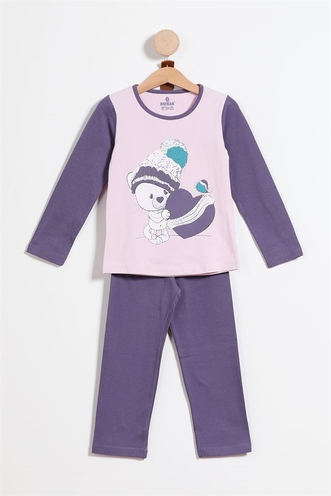Baykar Kız Çocuk Ayı Baskılı Pijama 9231 Mor