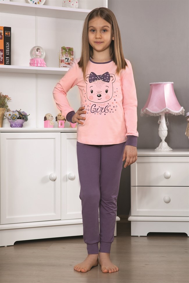Baykar Kız Çocuk Ayı Baskılı Uzun Kollu Pijama Takımı Somon