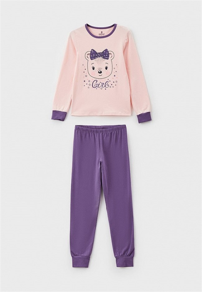 Baykar Kız Çocuk Ayı Baskılı Uzun Kollu Pijama Takımı Pembe