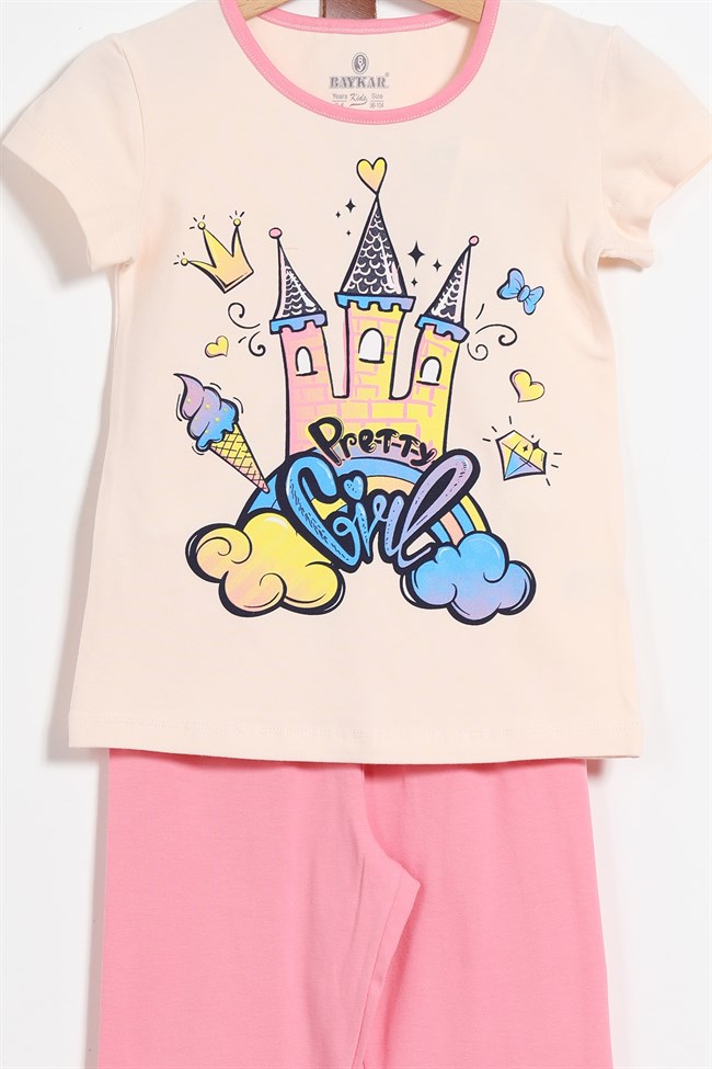 Baykar Kız Çocuk Baskılı Kısa Kollu Pijama Takımı 9109 Somon