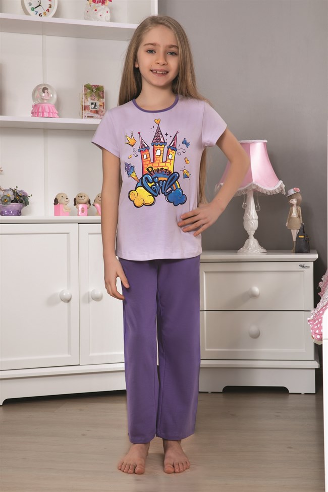 Baykar Kız Çocuk Baskılı Kısa Kollu Pijama Takımı 9109 Mor
