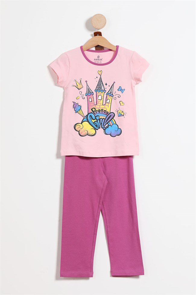 Baykar Kız Çocuk Baskılı Kısa Kollu Pijama Takımı 9109 Pembe