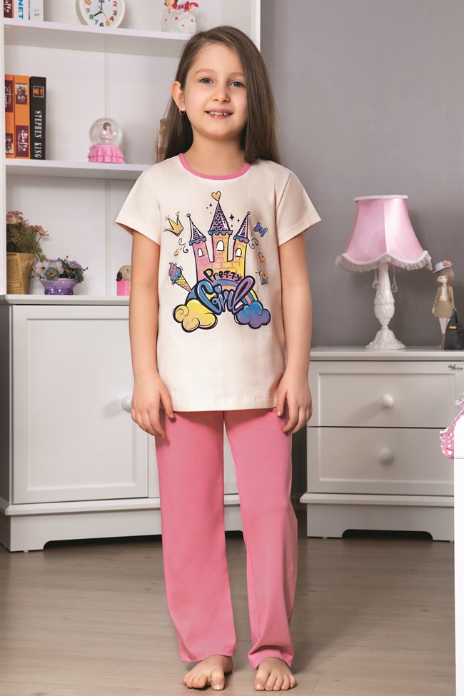 Baykar Kız Çocuk Baskılı Kısa Kollu Pijama Takımı 9109 Somon