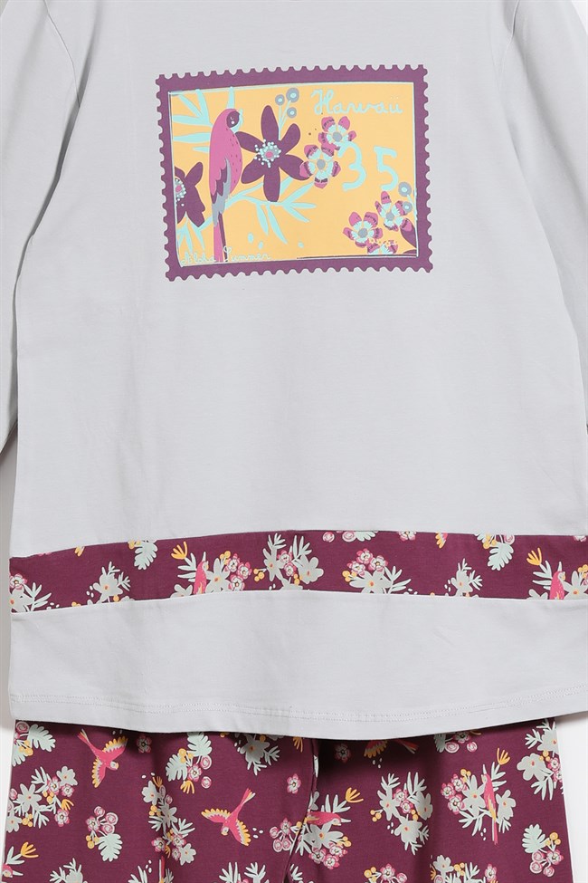 Baykar Kız Çocuk Çiçek Desenli Pijama Takımı 9263 Gri Melanj