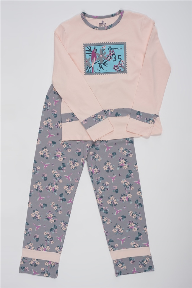 Baykar Kız Çocuk Çiçek Desenli Pijama Takımı 9263 Somon