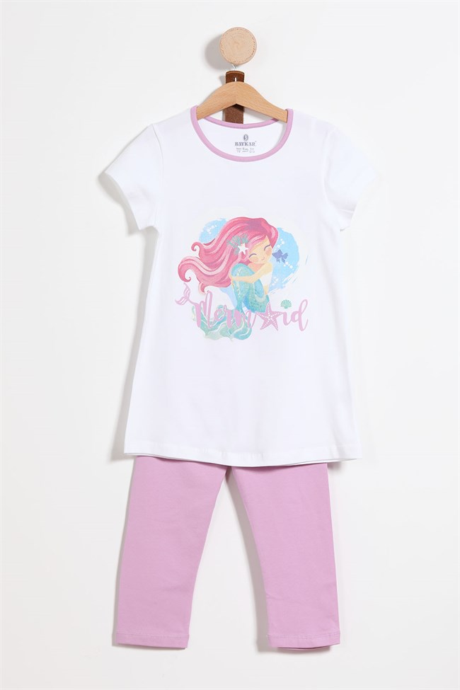 Baykar Kız Çocuk Deniz Kızı Baskılı Kısa Kollu Kaprili Pijama Takımı 9111 Beyaz
