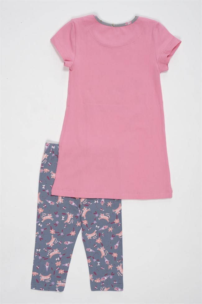 Baykar Kız Çocuk Desenli Taytlı Pijama Takımı 9278 Çizgi Pembe
