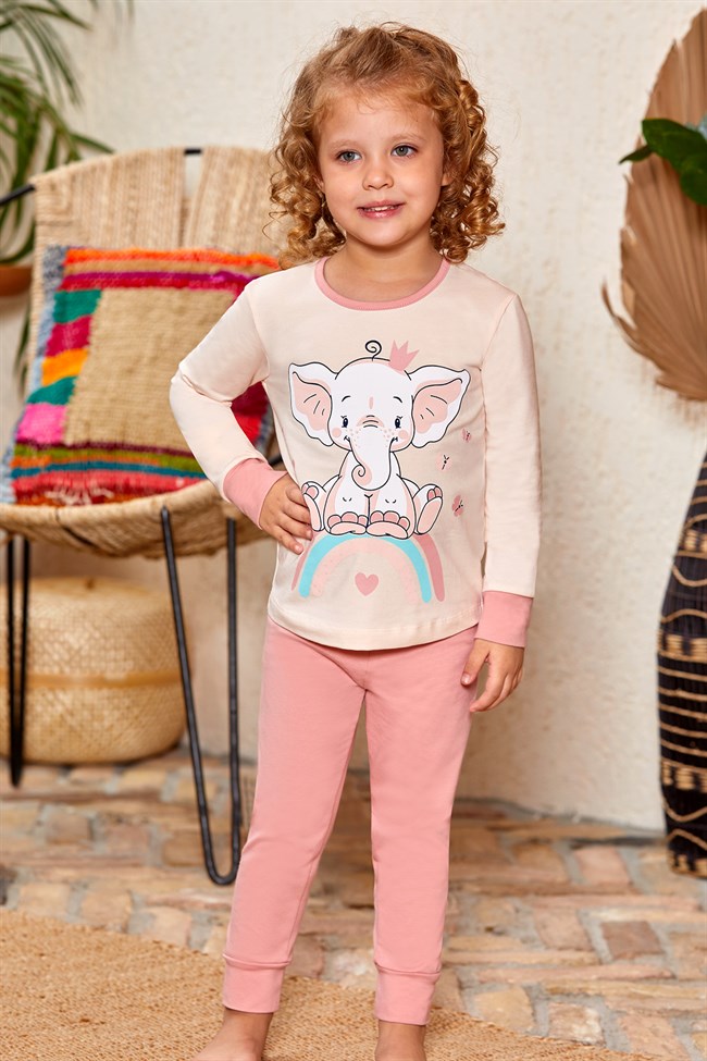 Baykar Kız Çocuk / Fil Baskılı Uzun Kollu Pijama Takımı 9129 Somon