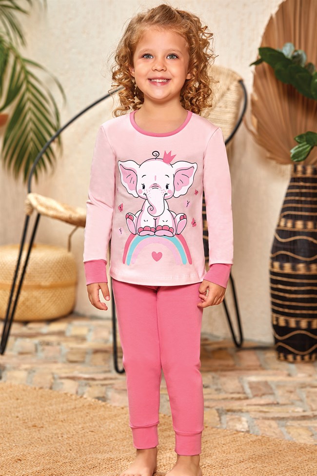 Baykar Kız Çocuk / Fil Baskılı Uzun Kollu Pijama Takımı 9129 Toz Pembe
