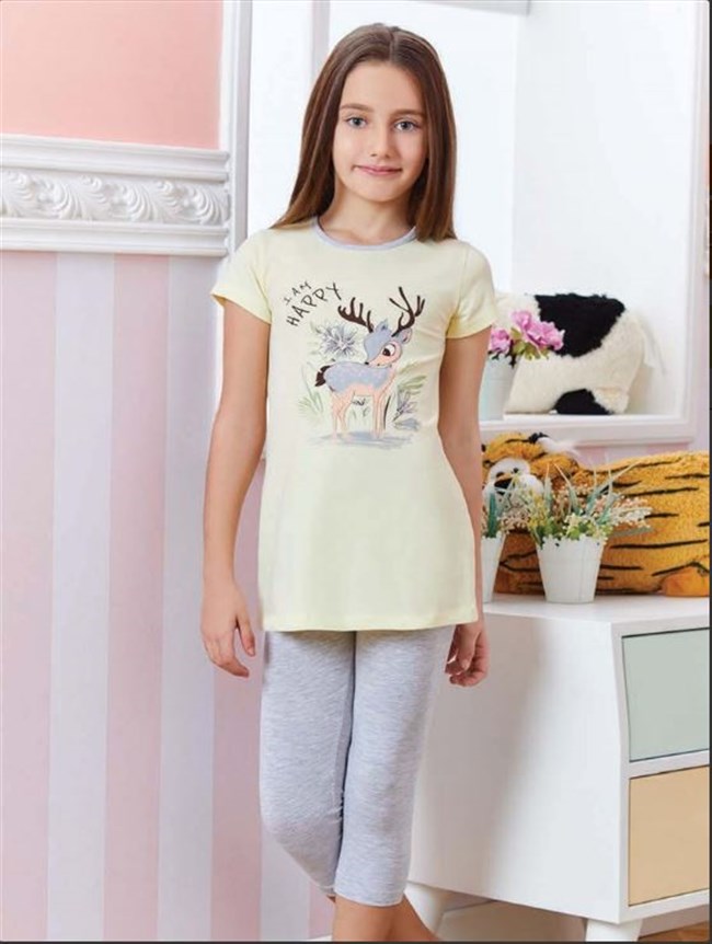 Baykar Kız Çocuk Geyik Baskılı Pijama Takımı 9273 Sarı