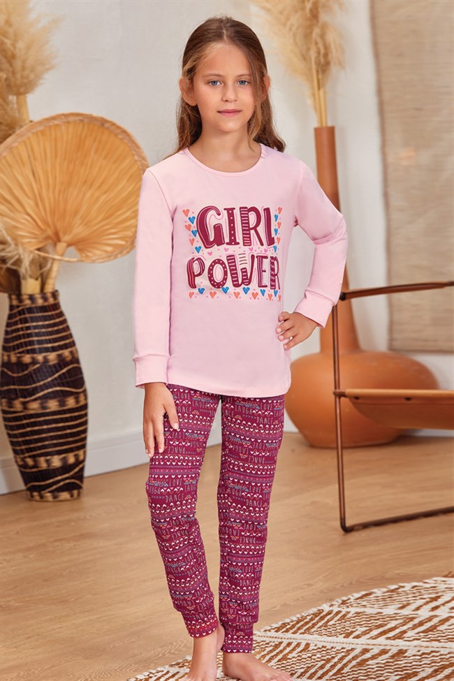 Baykar Kız Çocuk / Girl Power Uzun Kollu Pijama Takımı 9143 Pembe