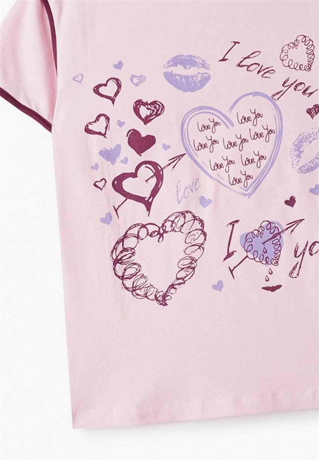 Baykar Kız Çocuk Kalp Baskılı Kaprili Pijama Takımı 9283 Pembe