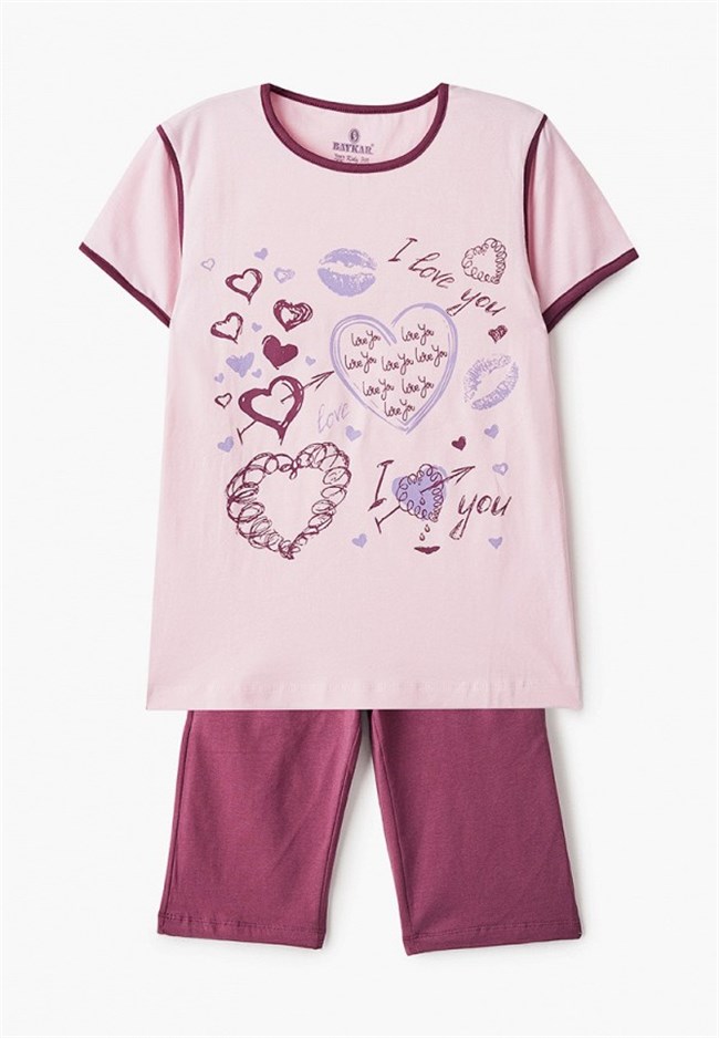 Baykar Kız Çocuk Kalp Baskılı Kaprili Pijama Takımı 9283 Pembe