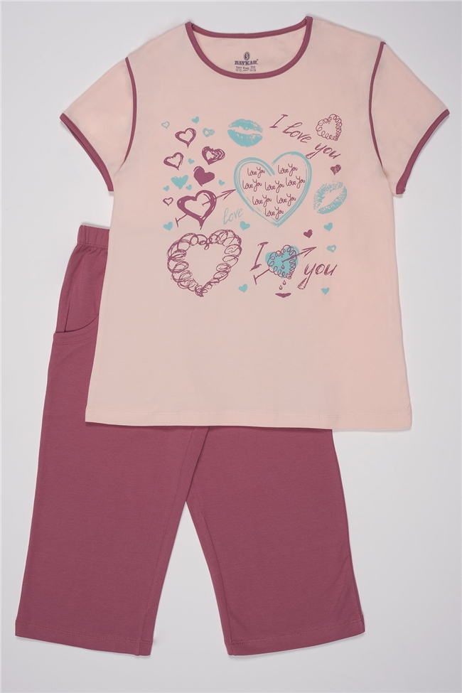 Baykar Kız Çocuk Kalp Baskılı Kaprili Pijama Takımı 9278 Somon