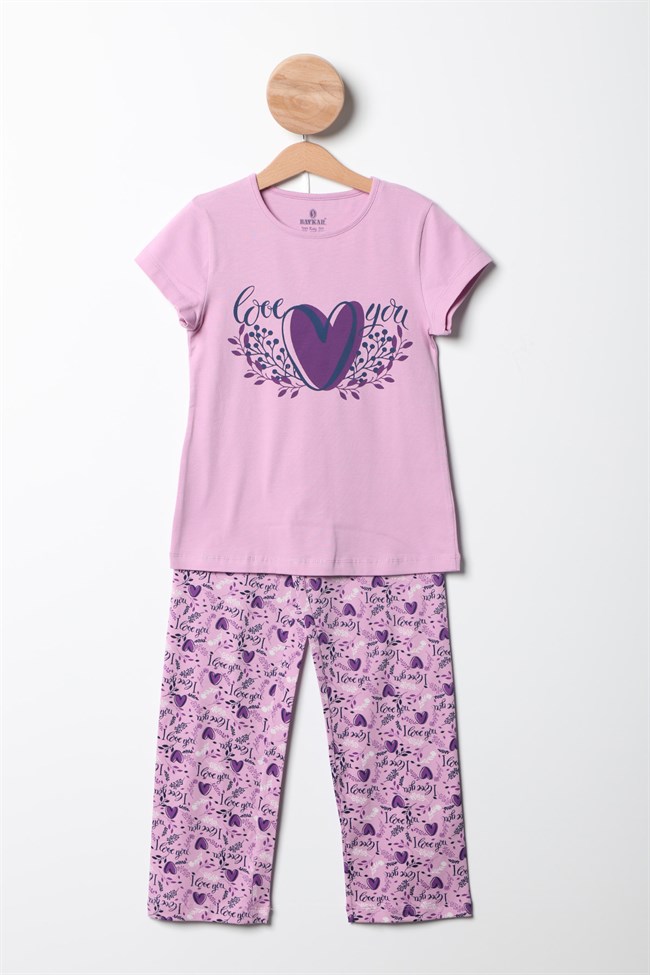 Baykar Kız Çocuk Kalp Baskılı Kısa Kollu Pijama Takımı 9108 Mor