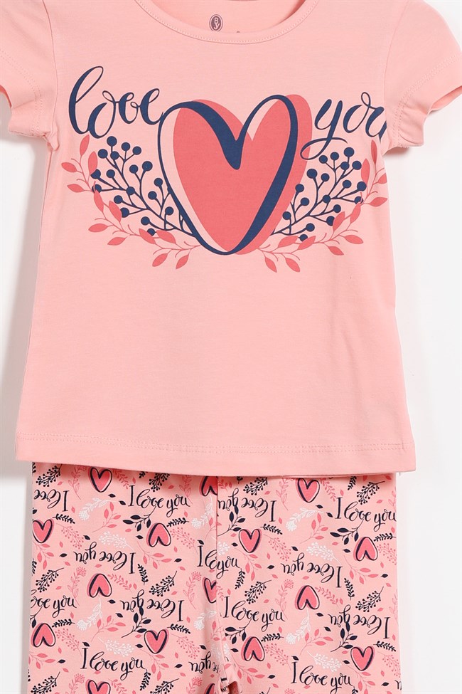 Baykar Kız Çocuk Kalp Baskılı Kısa Kollu Pijama Takımı 9108 Somon