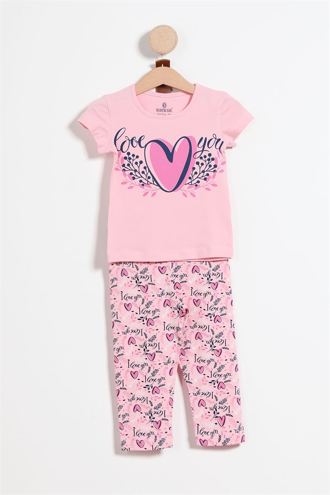 Baykar Kız Çocuk Kalp Baskılı Kısa Kollu Pijama Takımı 9108 Pembe