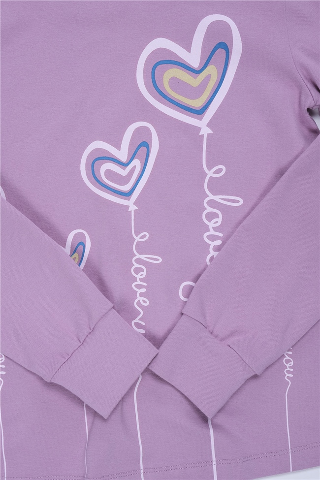 Baykar Kız Çocuk Kalp Baskılı Pijama Takımı 9298 Lila