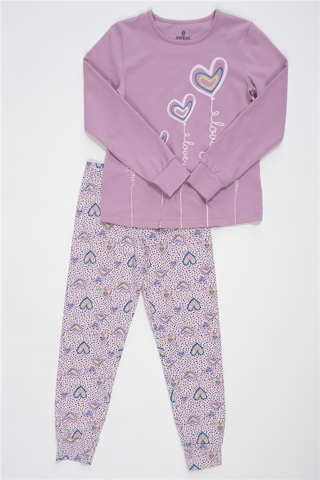 Baykar Kız Çocuk Kalp Baskılı Pijama Takımı 9298 Lila