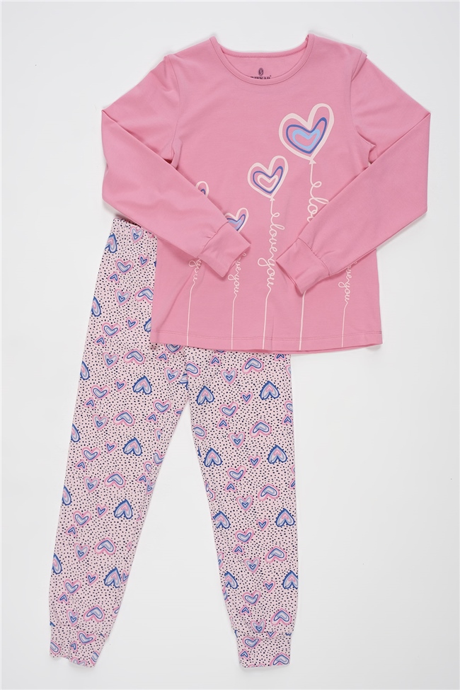 Baykar Kız Çocuk Kalp Baskılı Pijama Takımı 9298 Pembe