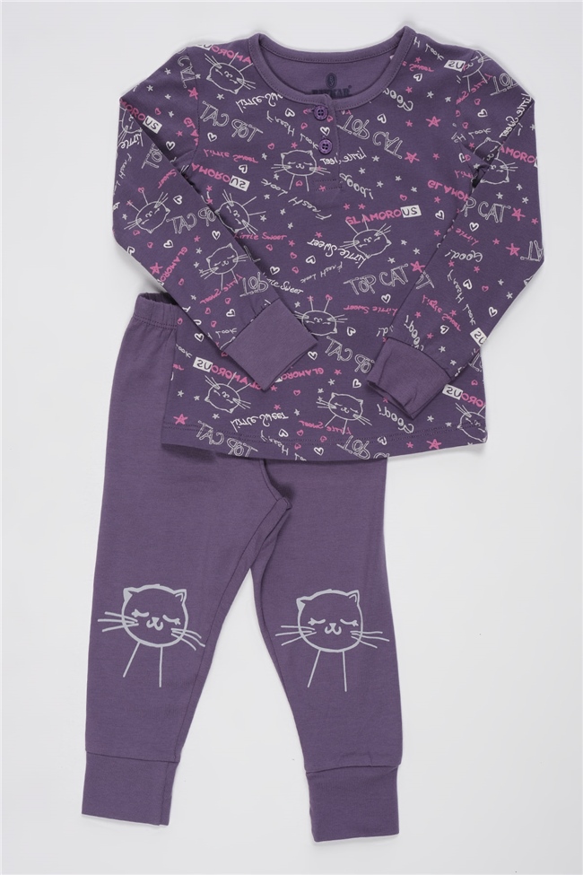 Baykar Kız Çocuk Kedi Baskılı Pijama Takımı 9242 Mor