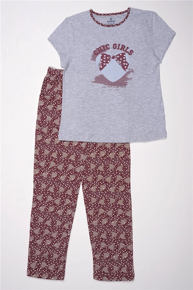 Baykar Kız Çocuk Kurdela Detaylı Pijama Takımı 9289 Gri Melanj
