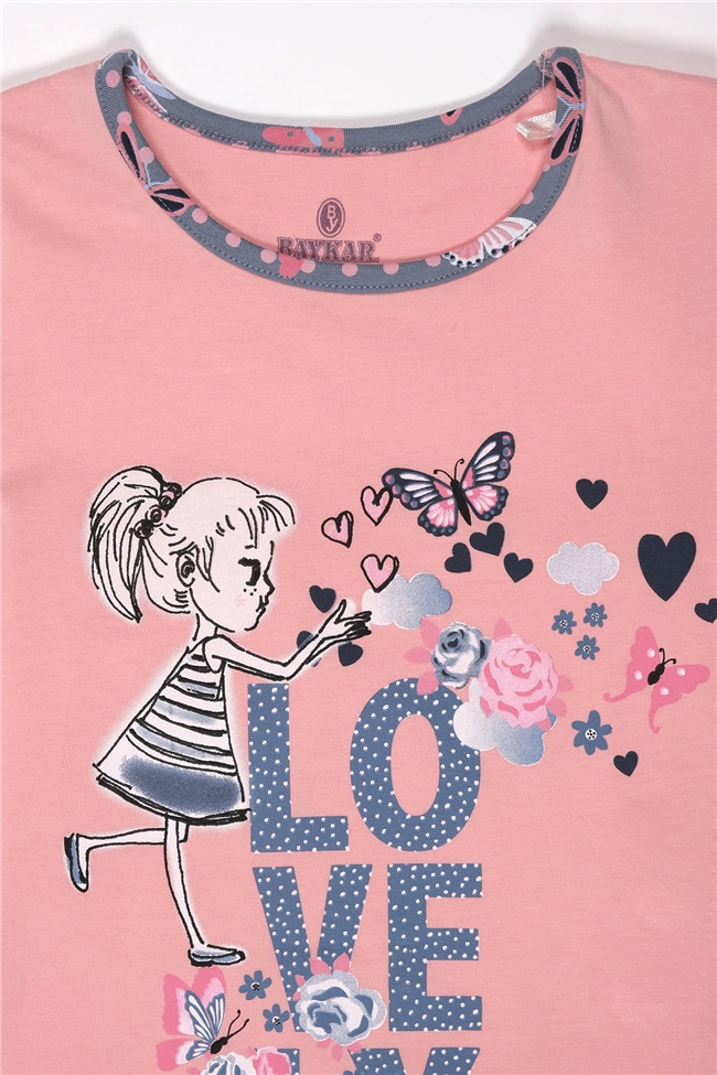 Baykar Kız Çocuk Love Baskılı Kaprili Pijama Takımı 9282 Pembe