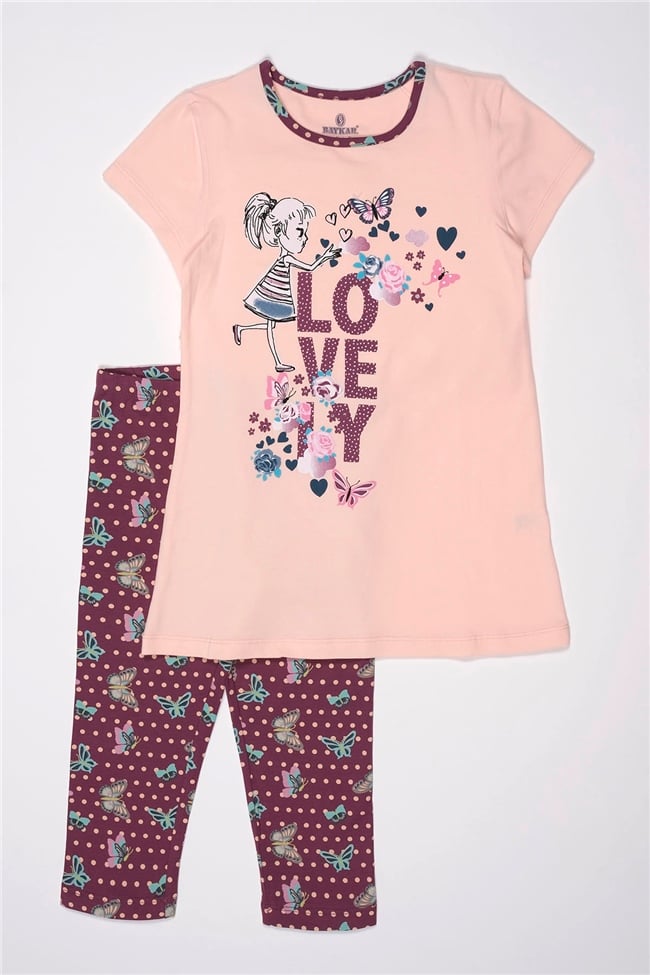 Baykar Kız Çocuk Love Baskılı Kaprili Pijama Takımı 9282 Somon