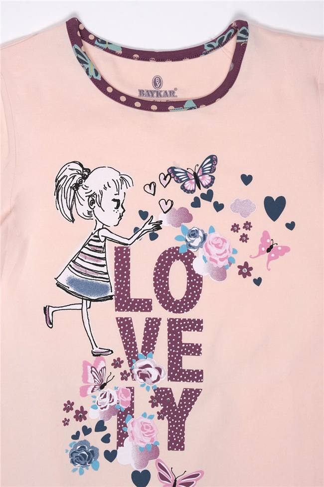 Baykar Kız Çocuk Love Baskılı Kaprili Pijama Takımı 9282 Somon