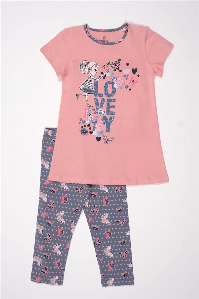 Baykar Kız Çocuk Love Baskılı Kaprili Pijama Takımı 9282 Pembe