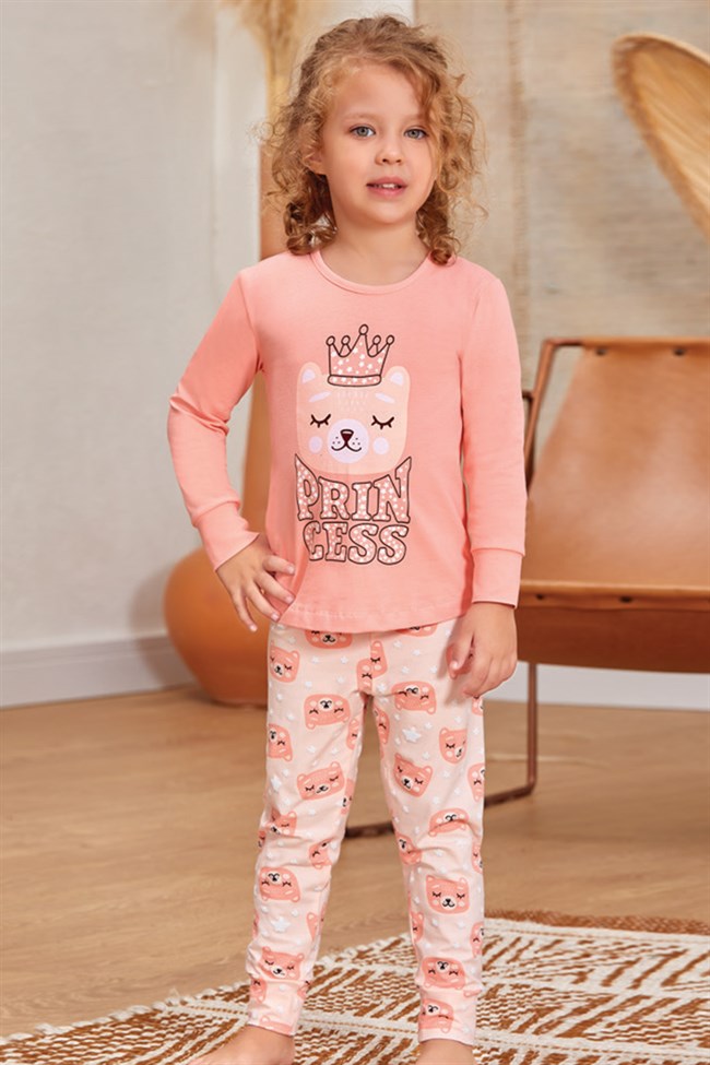 Baykar Kız Çocuk / Prenses Uzun Kollu Pijama Takımı 9135 Şeker Somon
