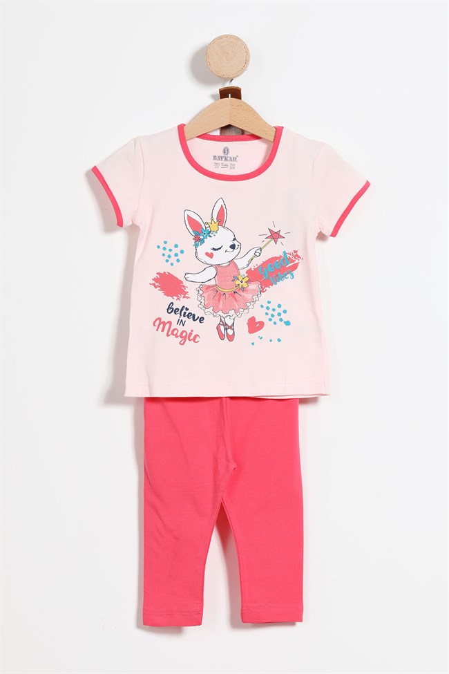 Baykar Kız Çocuk Tavşan Baskılı Kısa Kollu Pijama Takımı 9266 Somon