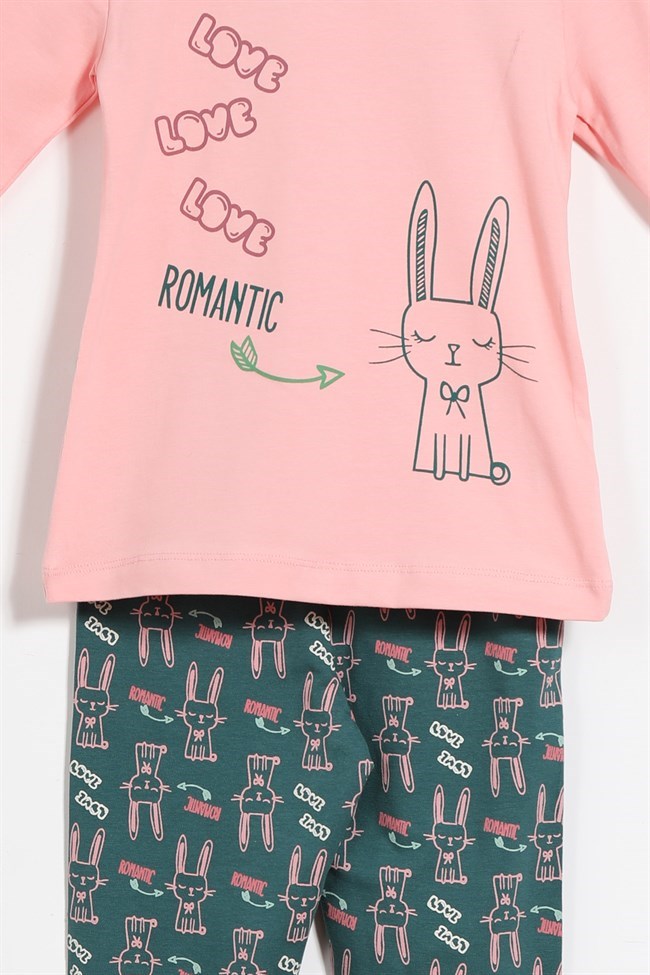 Baykar Kız Çocuk Tavşan Baskılı Uzun Kollu Pijama Takımı 9295 Petrol Mavi