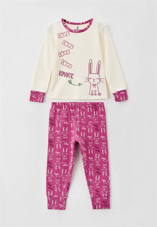 Baykar Kız Çocuk Tavşan Baskılı Uzun Kollu Pijama Takımı 9295 Pembe