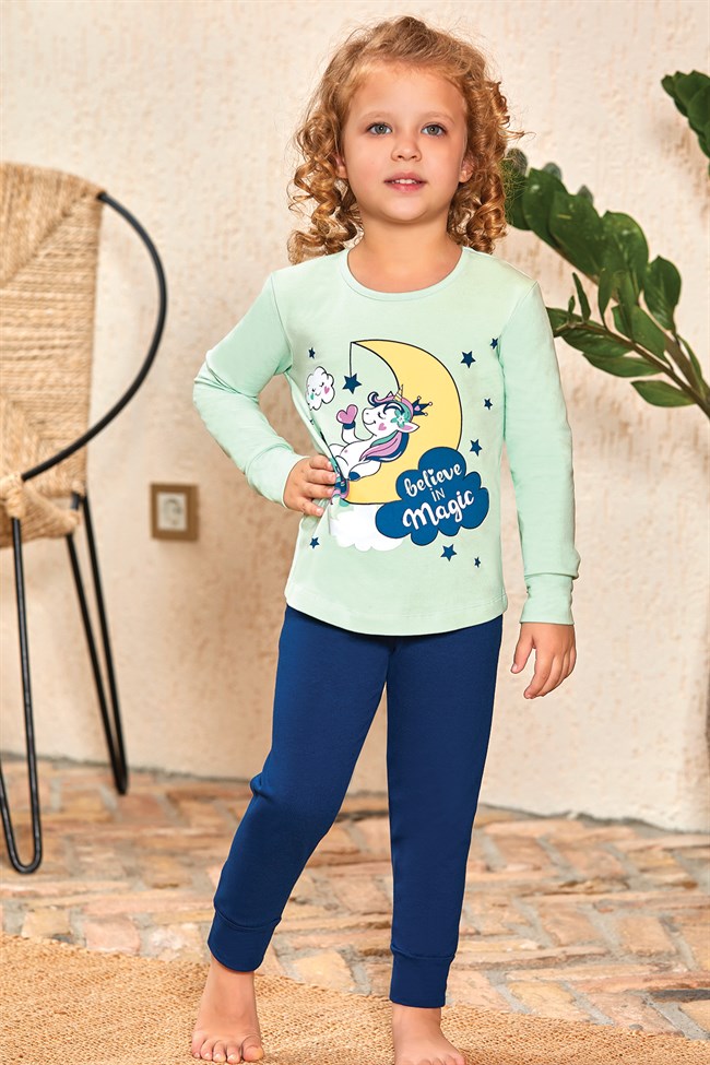 Baykar Kız Çocuk / Unicorn Uzun Kollu Pijama Takımı 9133 Su Yeşili
