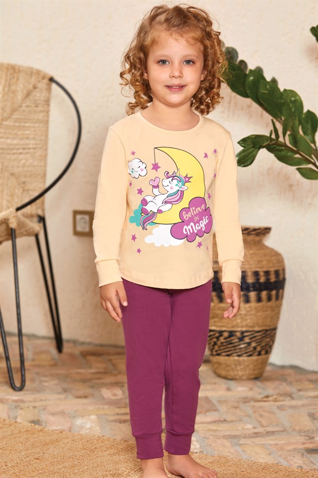 Baykar Kız Çocuk / Unicorn Uzun Kollu Pijama Takımı 9133 Açık Kayısı