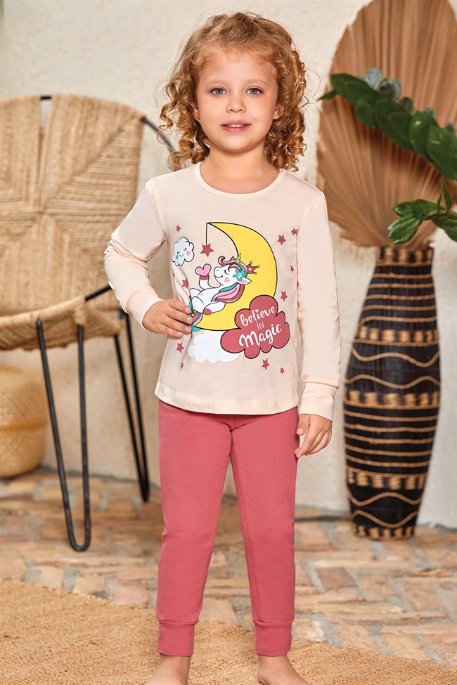 Baykar Kız Çocuk / Unicorn Uzun Kollu Pijama Takımı 9133 Somon