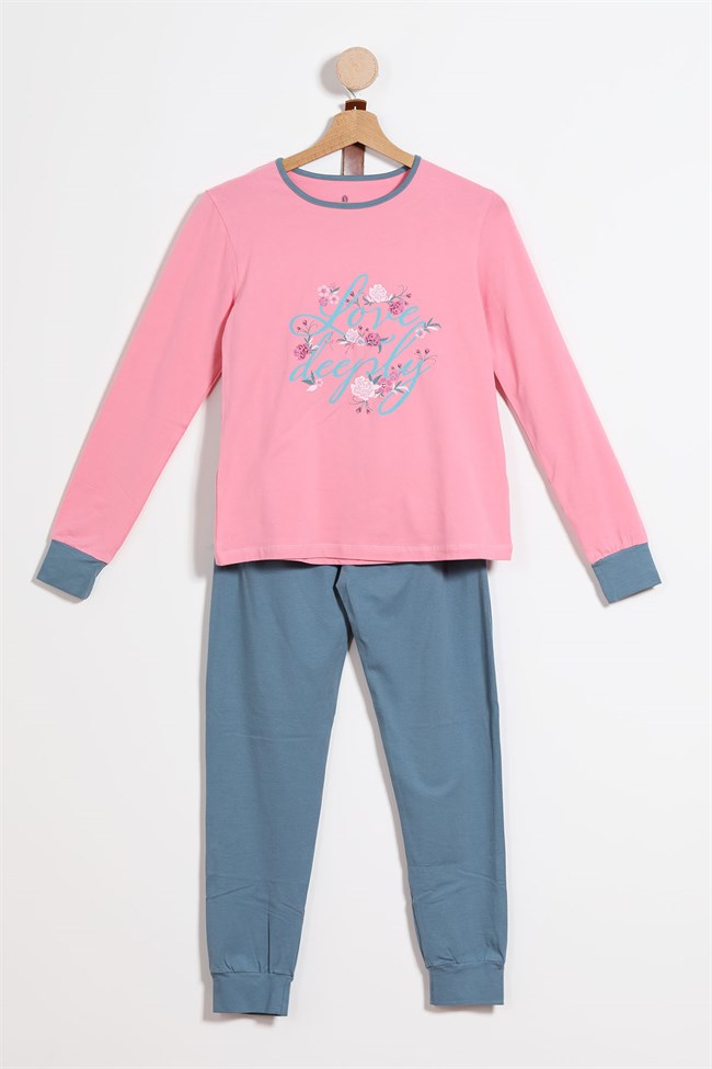 Baykar Kız Çocuk Uzun Kollu Baskılı Pijama Takımı 9102 Su Yeşili