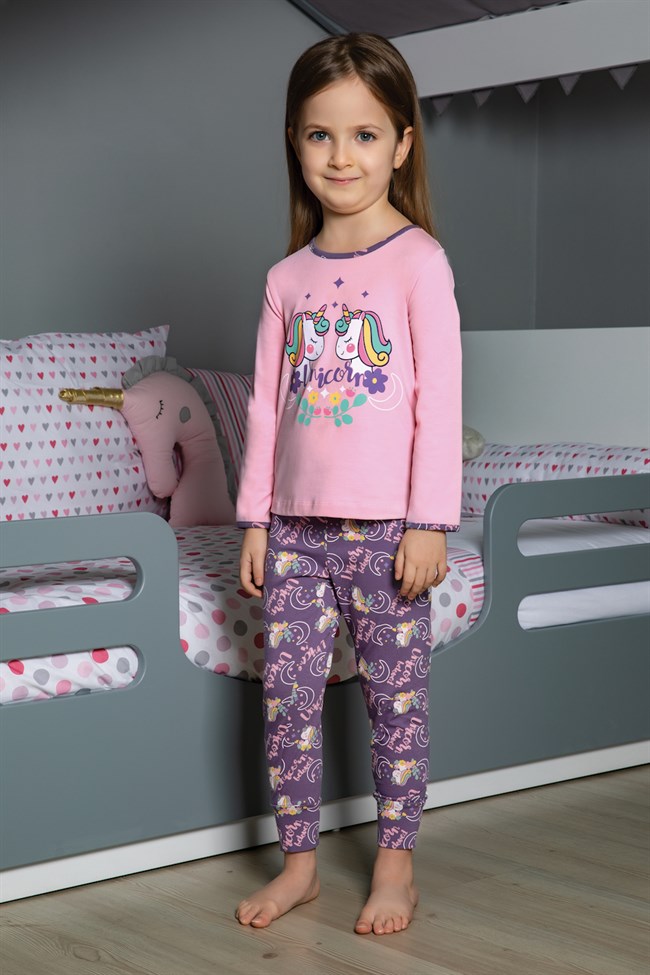 Baykar Kız Çocuk Uzun Kollu Desenli Pijama Takımı 9293 Pembe