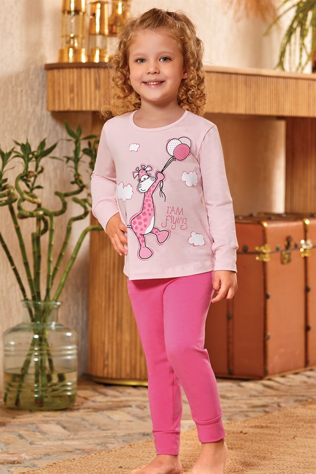 Baykar Kız Çocuk Zürafa  Baskılı Uzun Kollu Pijama Takımı 9127 Pembe
