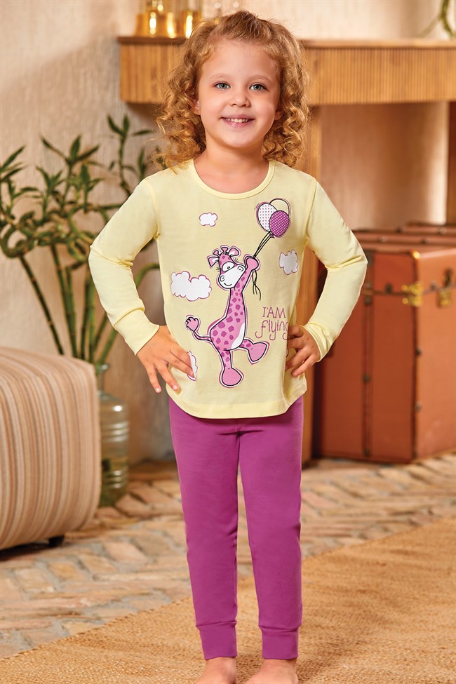Baykar Kız Çocuk Zürafa  Baskılı Uzun Kollu Pijama Takımı 9127 Sarı