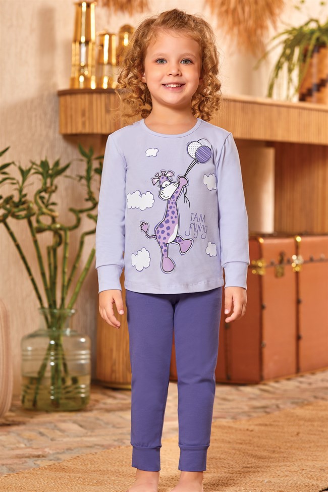 Baykar Kız Çocuk Zürafa  Baskılı Uzun Kollu Pijama Takımı 9127 Lila